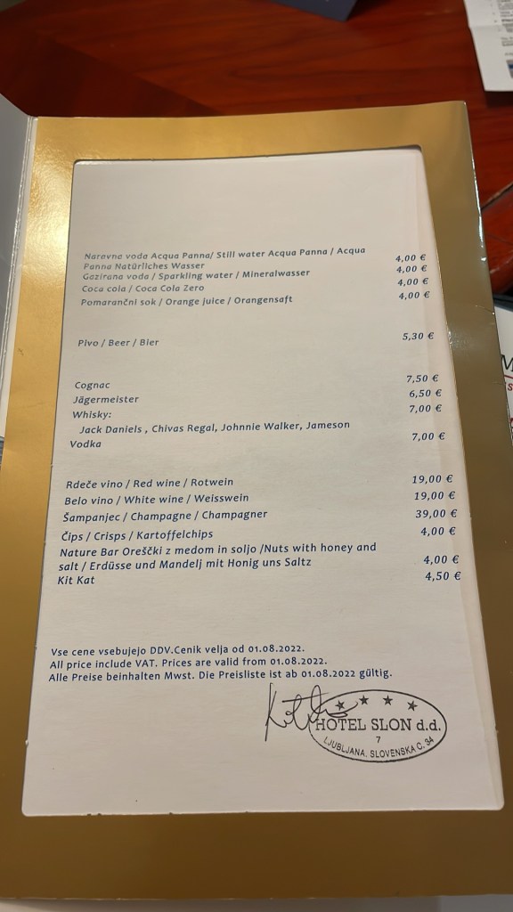 Minibar menu and price