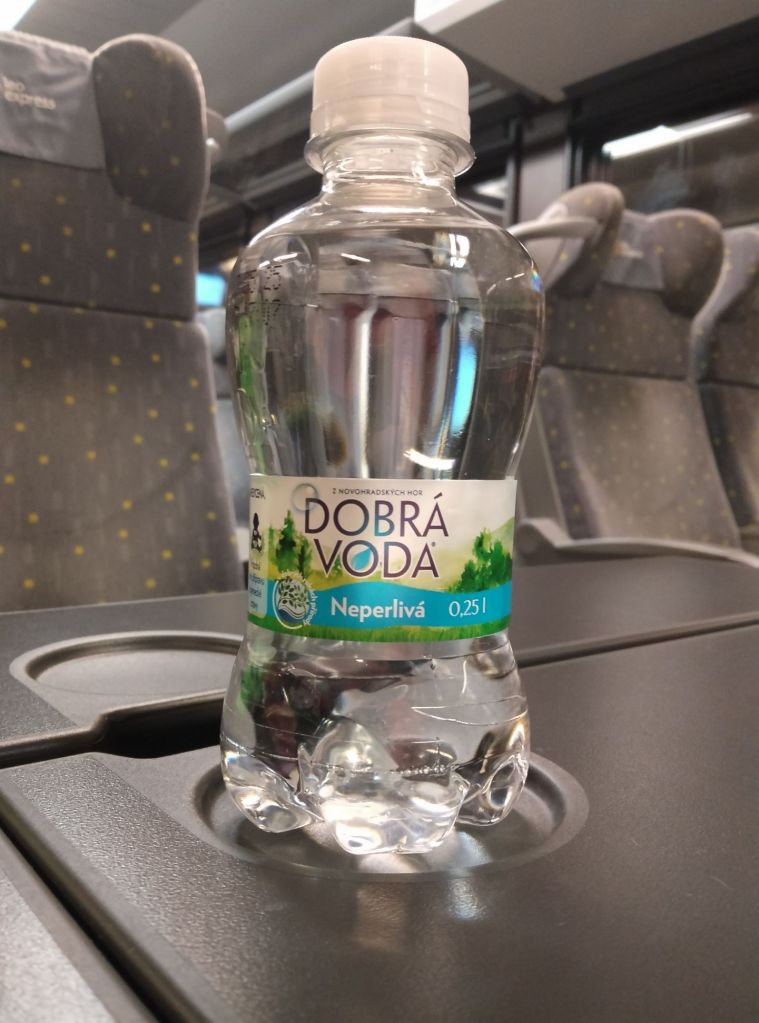 A bottle of water sitting on the table.