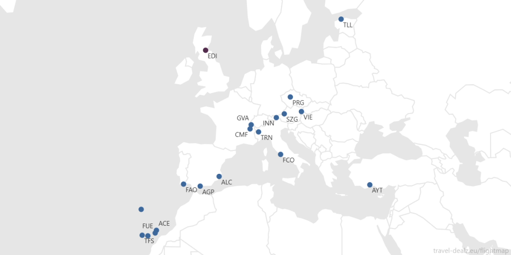 Map of Jet2 destinations served from Edinburgh Airport including destinations such as Tallinn, Prague, Turin and Faro