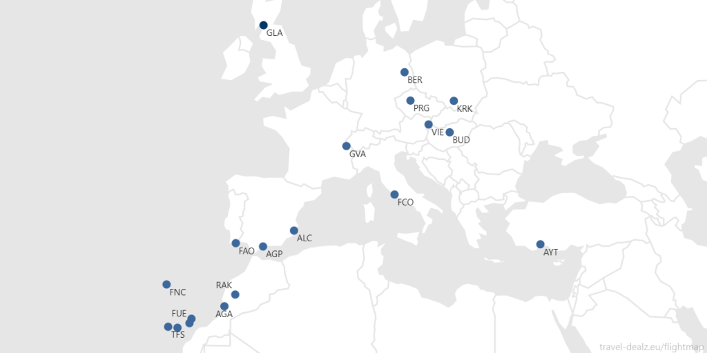 Map of destinations Jet2 serves from Glasgow Airport including Budapest, Agadir, Marrakesh and Rome