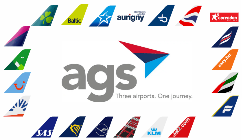 Photo of AGS Logo with all airlines that serve their airports surrounding it.
