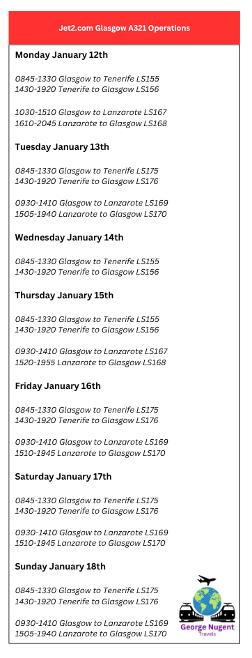 Copy of Jet2.com A321 schedule from Glasgow for January. Thursday to Tuesday with Lanzarote and Tenerife flights, Wednesday TFS only