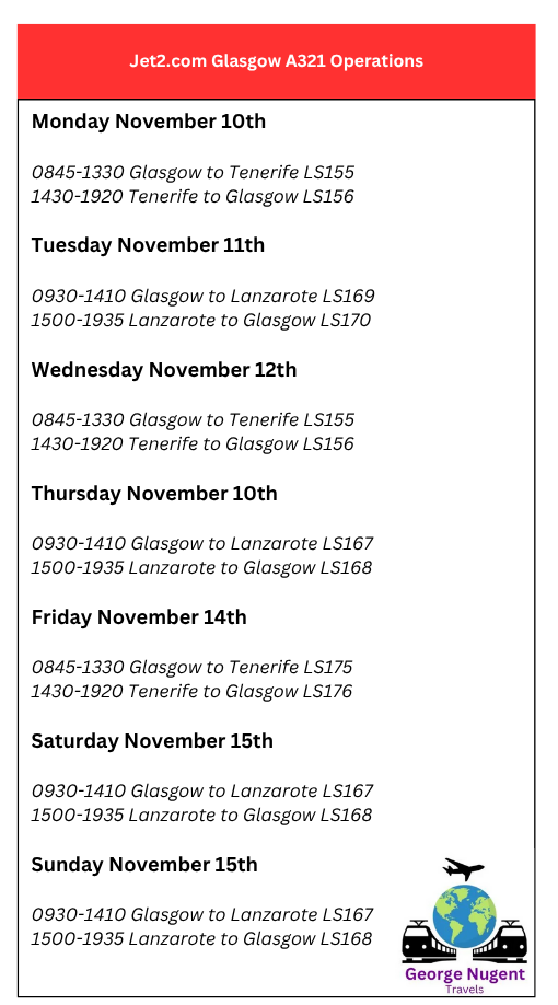 Copy of Jet2.com Glasgow A321 Operations for November. Mon/Wed/Fri to Tenerife and all other days to Lanzarote.