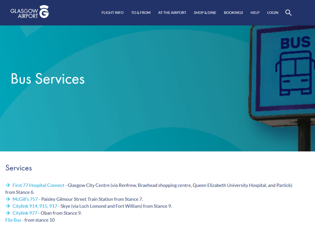 Website for Glasgow Airport with page titled "Bus Service". First Bus 77, McGill's 757, Citylink 914,915,917,977 and FlixBus listed