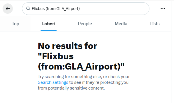 Screenshot saying "No results for Flixbus from Glasgow Airport" on X