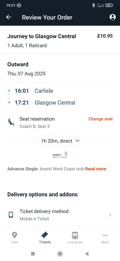 Review Your Order. Carlisle to Glasgow Central on 7th August 2025 for £10.95