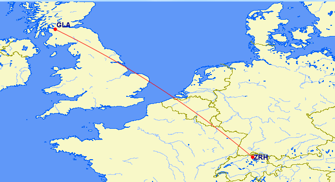 Map with pin showing Glasgow and Zurich with red line connecting them