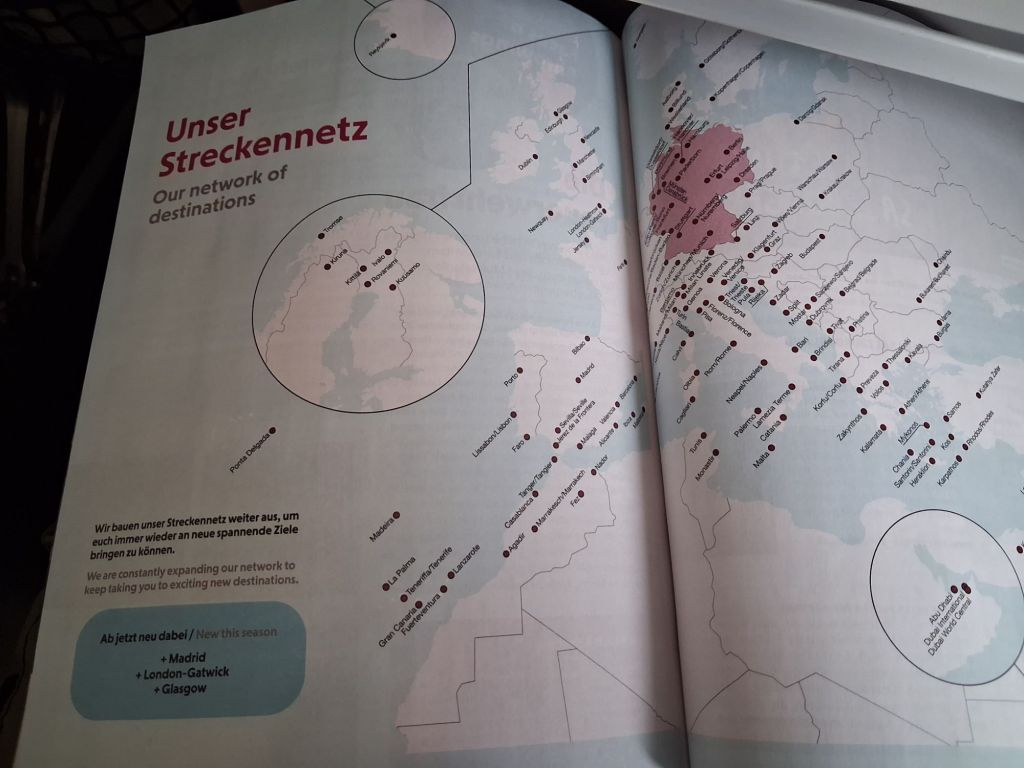 Inflight map of Eurowings destinations including Glasgow, London, Prague and Madrid