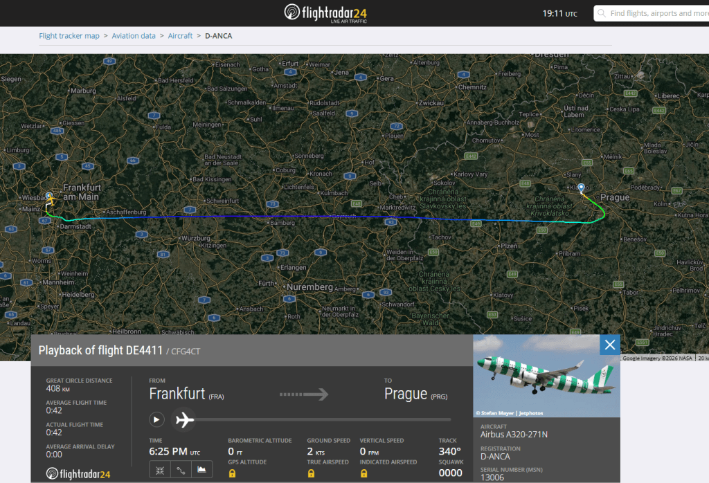 Flight route playback showing flight path over Germany and Czechia