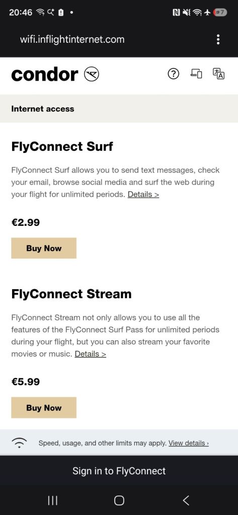 Screenshot of inflight Wi-Fi packages, €2.99 for messaging and €5.99 for streaming package