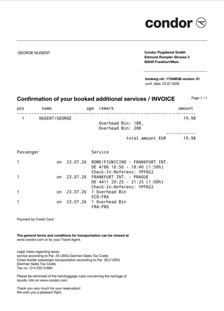 Invoice charged day before departure showing €19.98 charge for resereved overhead locker on two flights