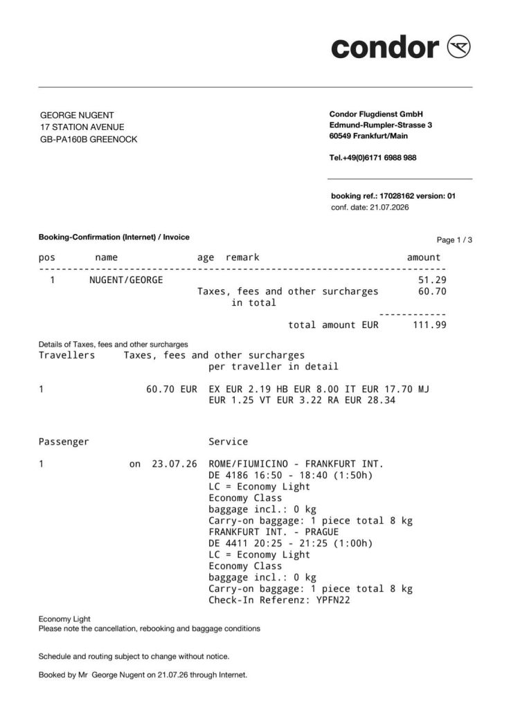 Invoice charged two days before departure showing flight costs of €111.99, of which 51.29 is fare and 60.70 in other taxes and fees